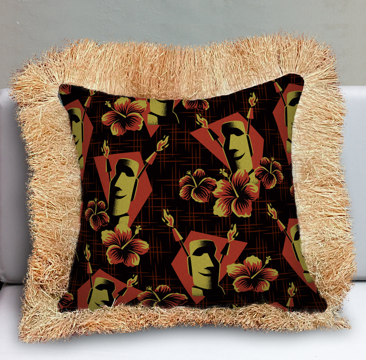 Red Lei Lounge Double Sided Pillow Cover with Grass Skirt Fringe