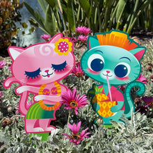 Load image into Gallery viewer, &#39;Tropical Spring Cats&#39; Metal Yard Stakes Set of TWO (2) - Pre-Order
