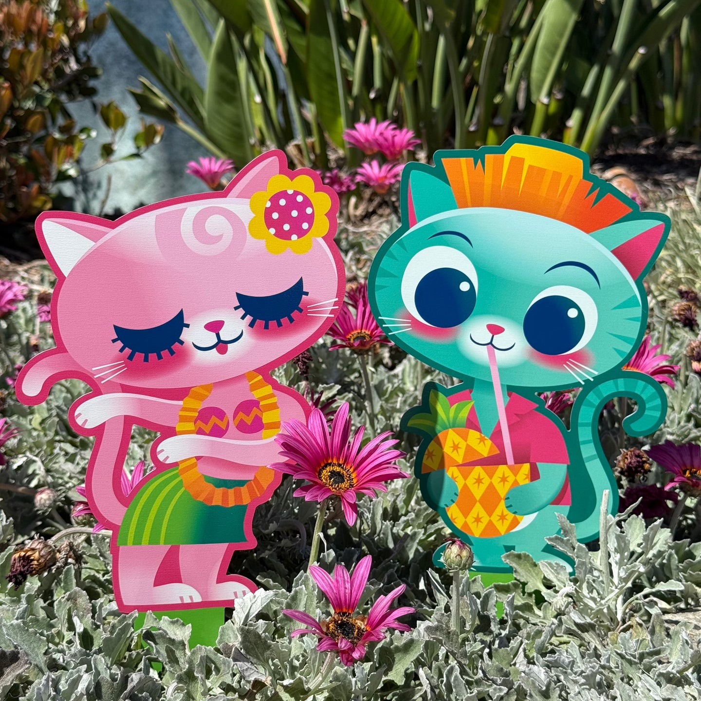 'Tropical Spring Cats' Metal Yard Stakes Set of TWO (2) - Pre-Order