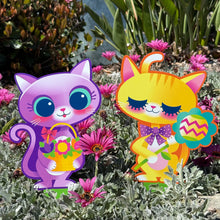 Load image into Gallery viewer, &#39;Floral Spring Cats&#39; Metal Yard Stakes Set of TWO (2) - Pre-Order
