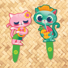 Load image into Gallery viewer, &#39;Tropical Spring Cats&#39; Metal Yard Stakes Set of TWO (2) - Pre-Order
