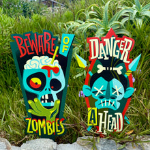 Load image into Gallery viewer, Jeff Granito's 'Wacky Warnings' Metal Yard Stakes Set of TWO (2)
