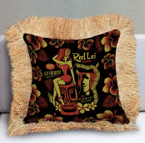Red Lei Lounge, Double Sided Pillow Cover with Grass Skirt Fringe