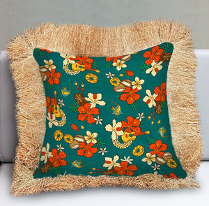 Wish You Were Here, Double Sided Pillow Cover with Grass Skirt Fringe