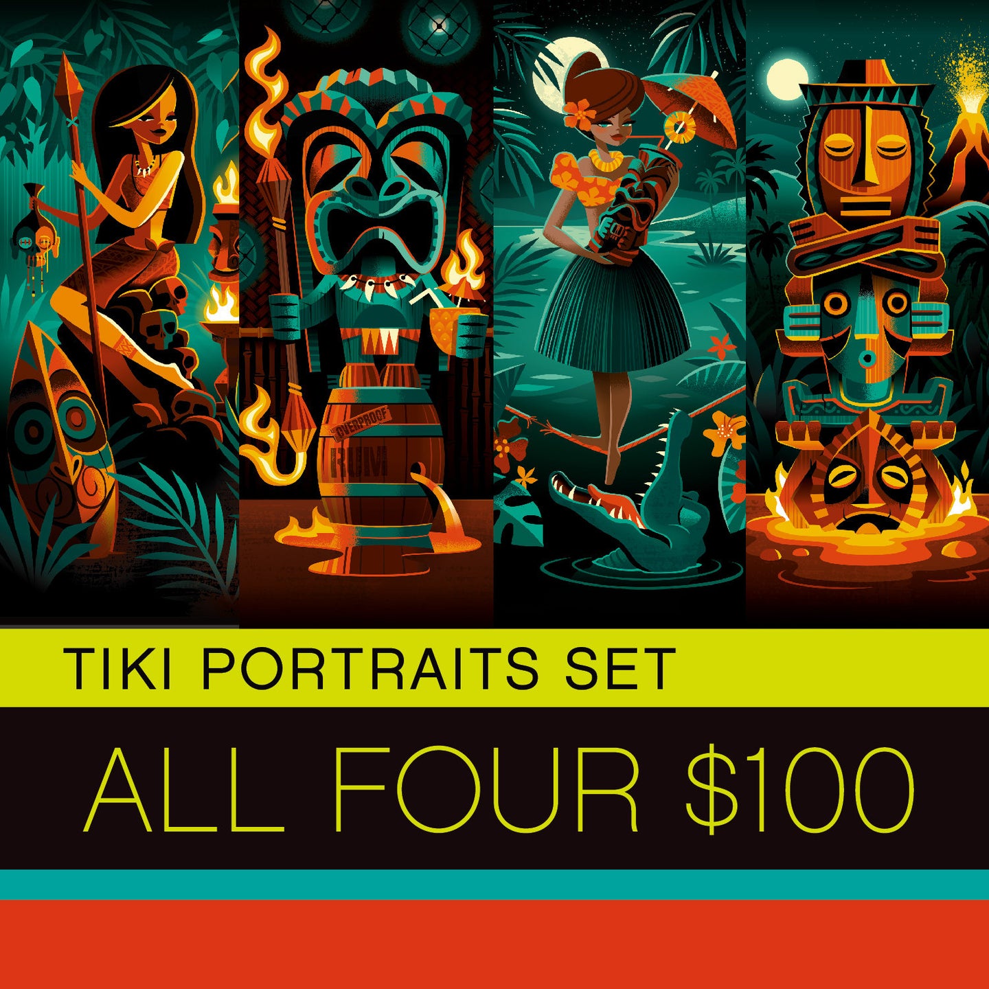 Tiki Portraits Print Set, All Four Deluxe Matted Prints