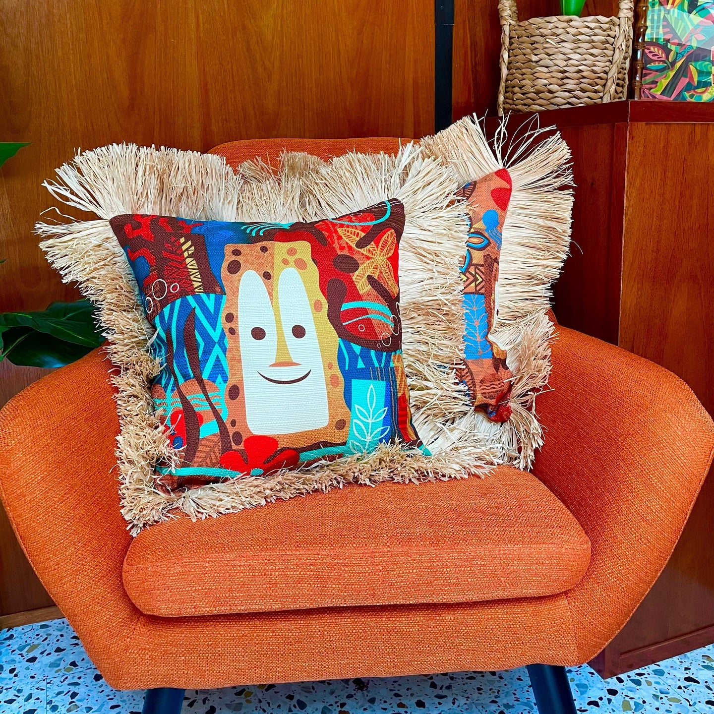 Tiki Bob Under the Sea, Double Sided Pillow Cover with Grass Skirt Fringe
