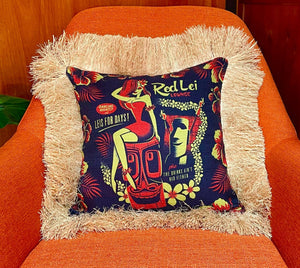 Red Lei Lounge, Double Sided Pillow Cover with Grass Skirt Fringe
