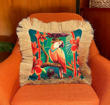 Load image into Gallery viewer, Head Salesman of the East, Double Sided Pillow Cover with Grass Skirt Fringe

